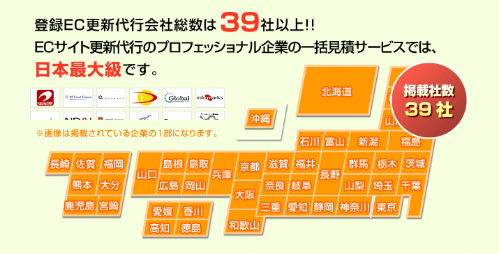 登録EC更新代行会社総数は39社以上！！ECサイト更新代行のプロフェッショル企業の一括見積サービスでは、日本最大級です。